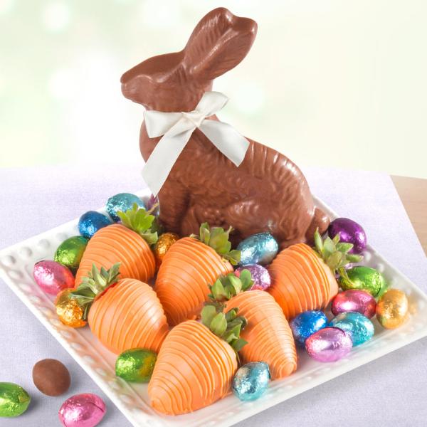 ACD2033, Chocolate Easter Bunny with Eggs and Chocolate Covered Strawberries - 6ct