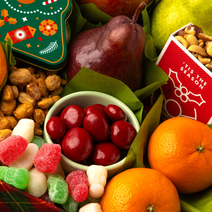 Merry Christmas Chocolate, Nuts &amp; Fresh Fruit Gift Basket