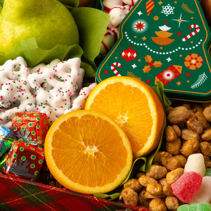 Merry Christmas Chocolate, Nuts &amp; Fresh Fruit Gift Basket
