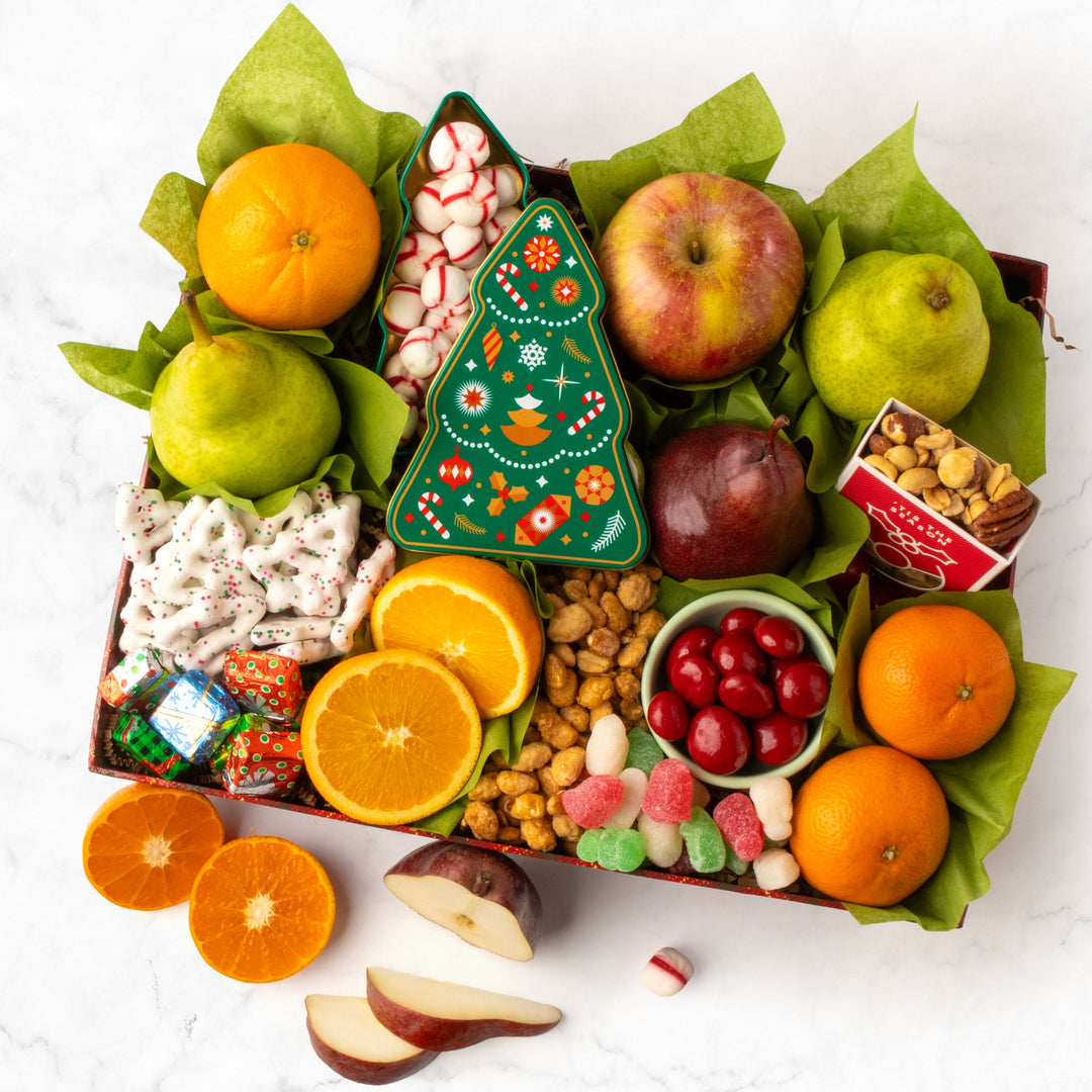 Merry Christmas Chocolate, Nuts &amp; Fresh Fruit Gift Basket