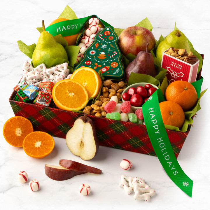Happy Holidays Chocolate, Nuts &amp; Fresh Fruit Gift Basket