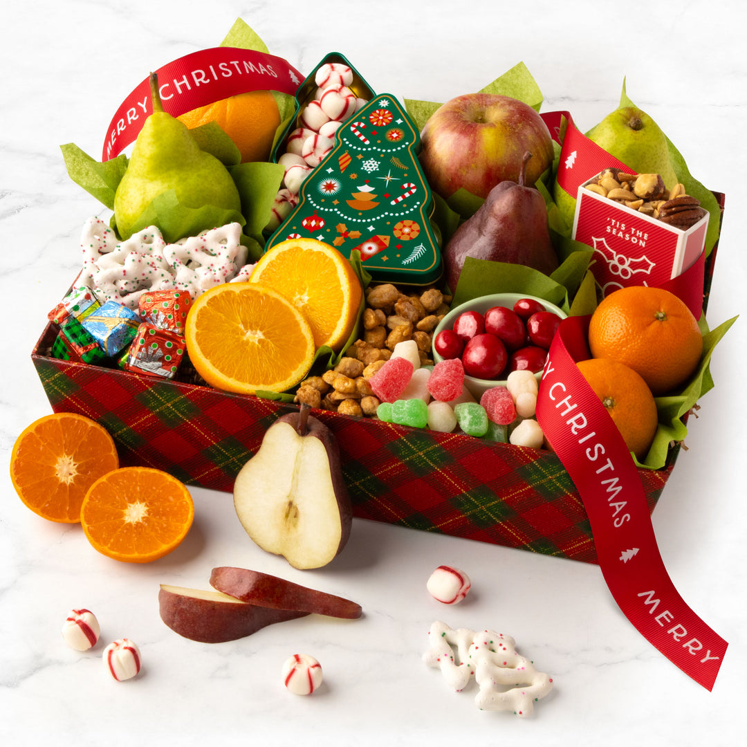 Merry Christmas Chocolate, Nuts &amp; Fresh Fruit Gift Basket