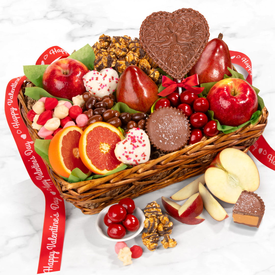 Valentine Treasures Fruit Basket Gift with Valentine Ribbon