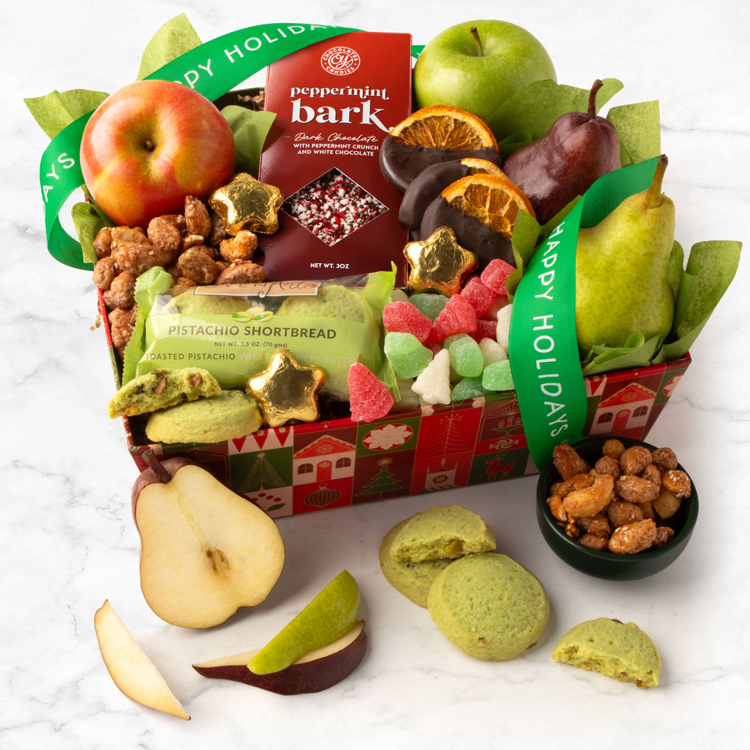 Holiday Treasures Fruit Basket with Happy Holidays Ribbon
