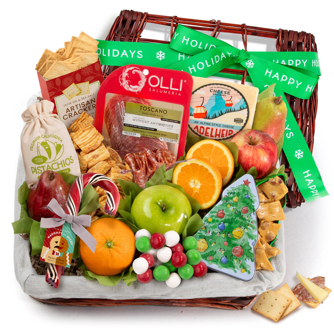 Holiday Tidings Deluxe Gourmet Gift Basket with Happy Holidays Gift Ribbon