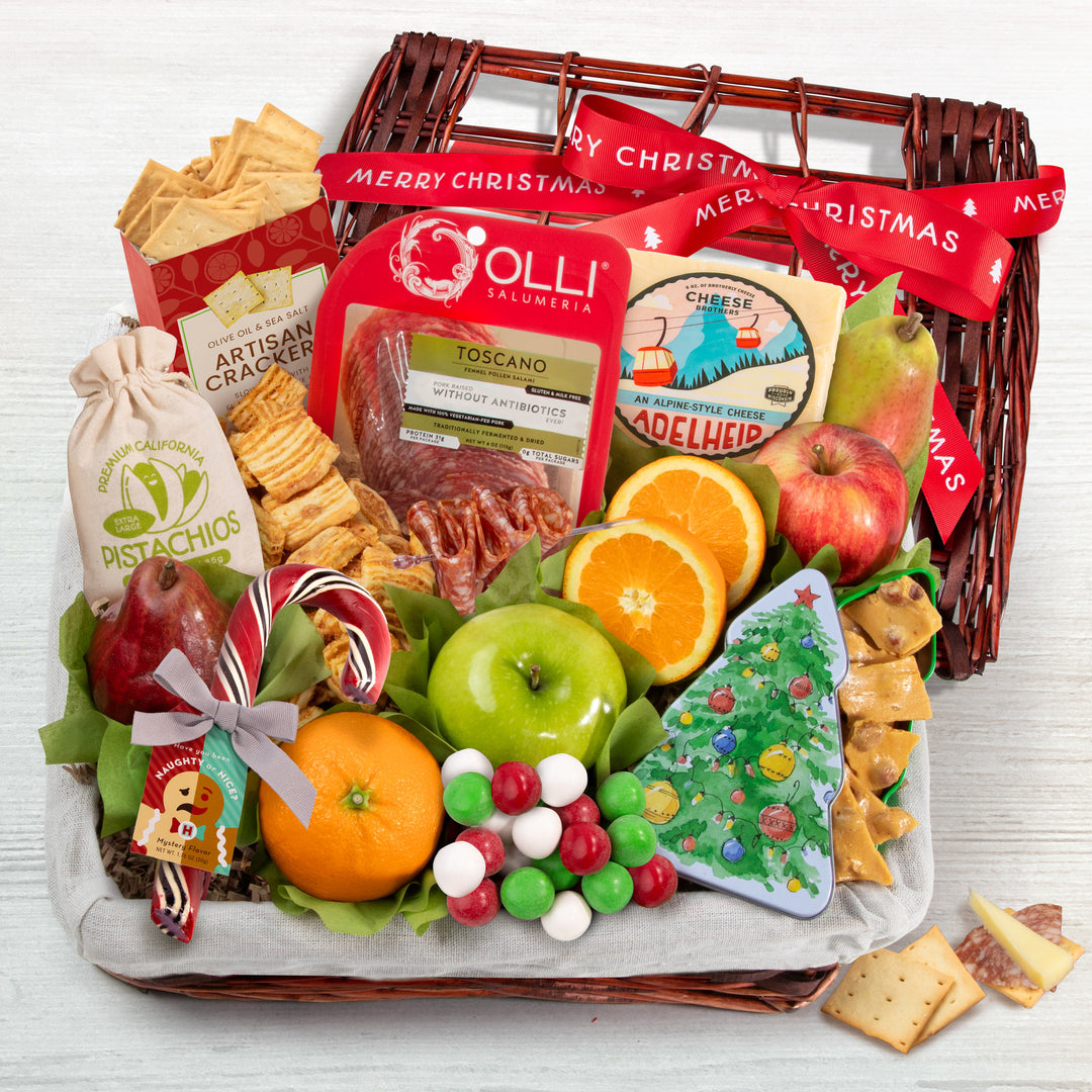 Holiday Tidings Deluxe Gourmet Gift Basket with Merry Christmas Gift Ribbon