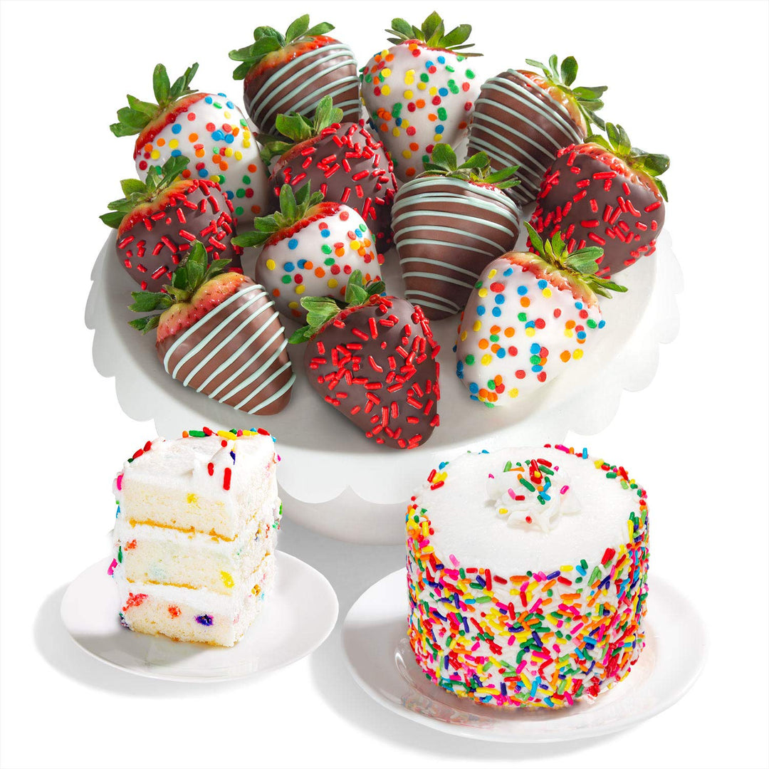 Dozen Birthday Dipped Strawberries  & Petite Cake