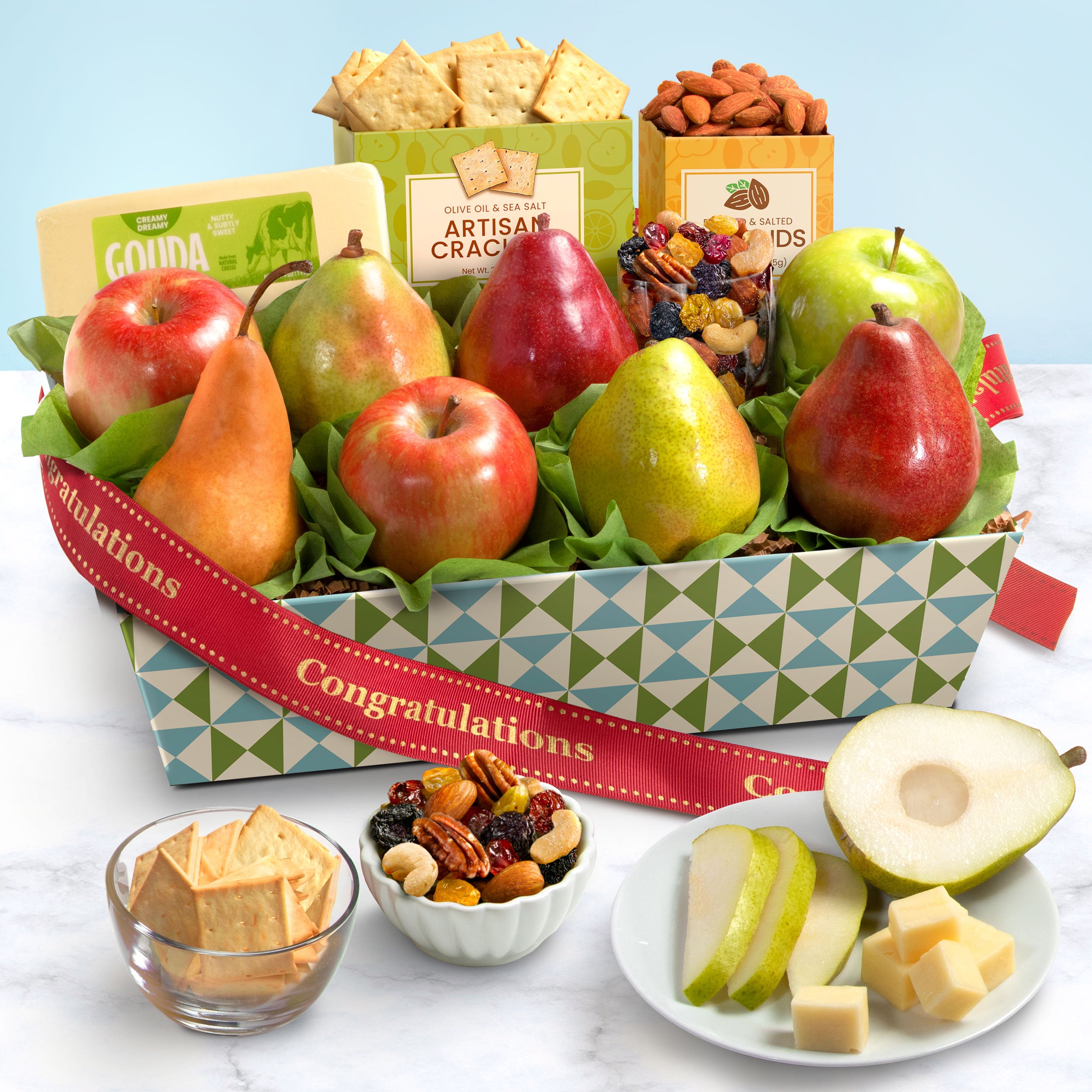 Congratulations Cheese and Nuts Classic Fruit Basket – A Gift Inside