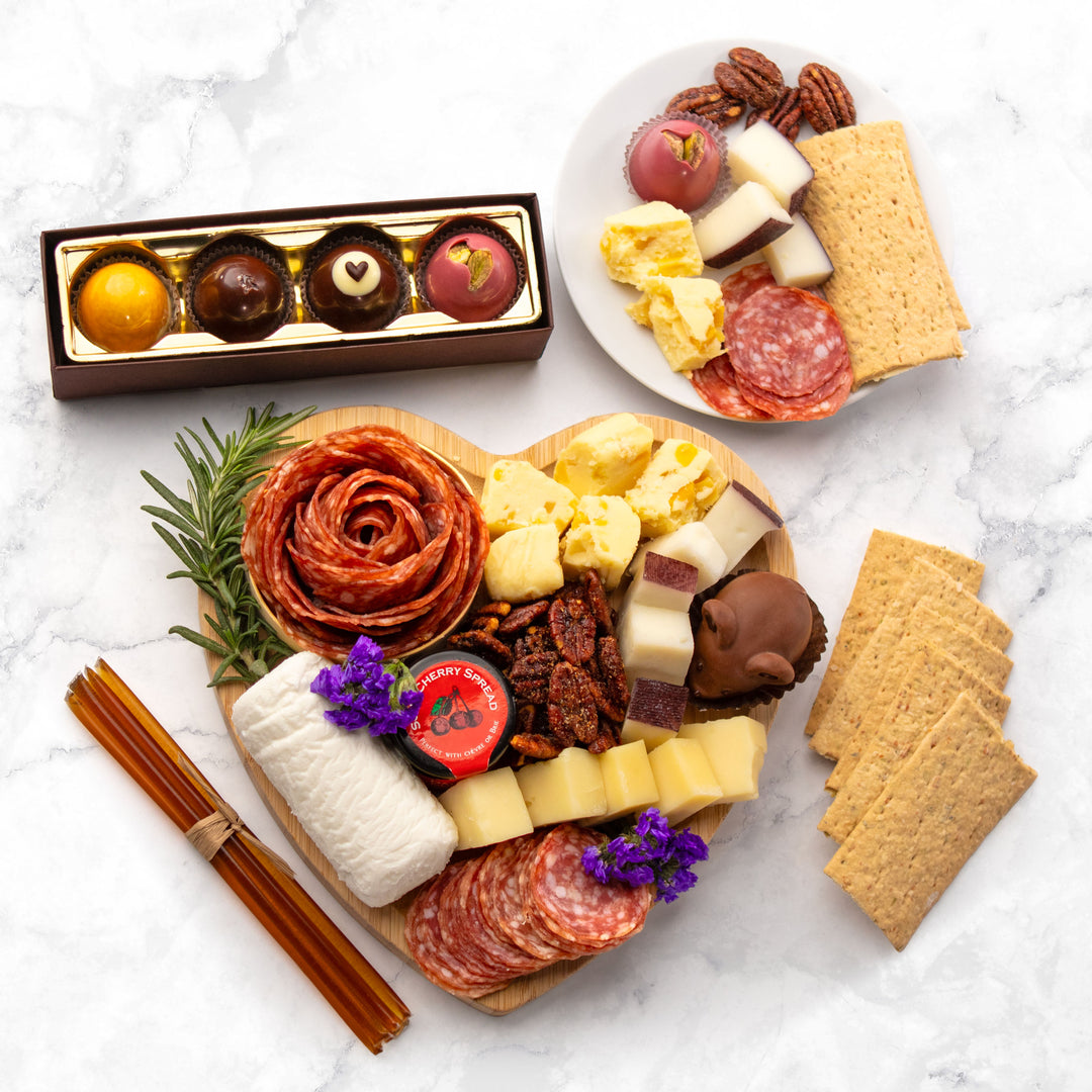 Heart Charcuterie Board with Meat, Cheeses, Chocolates, Snacks