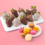 Dark Milk and White Delight Chocolate-Covered Strawberries 12-ct with Classic Macarons