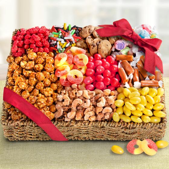 Colourful and crunchy fruit and vegetables can. Basket of Sweet snacks. Cartoony Sweets Basket. Composite images of Fruit, Water, and Sweets in Baskets taken indoors.