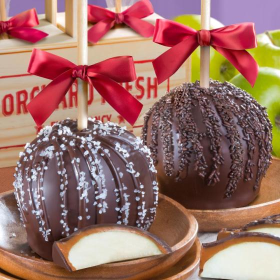 Dreamy Dark Chocolate Covered Caramel Apples Pair in a Wooden Gift ...