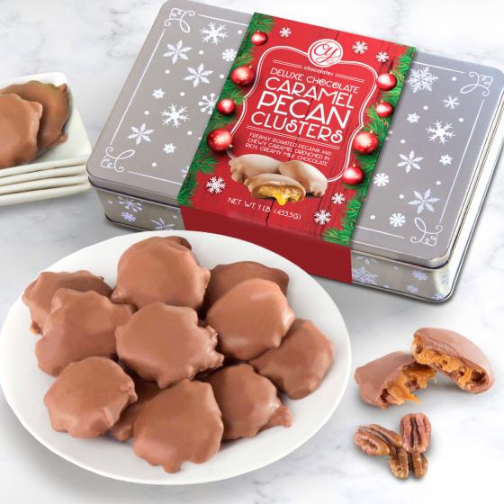 Chocolate Caramel Pecan Clusters in Gift Tin CY2300 A Gift Inside
