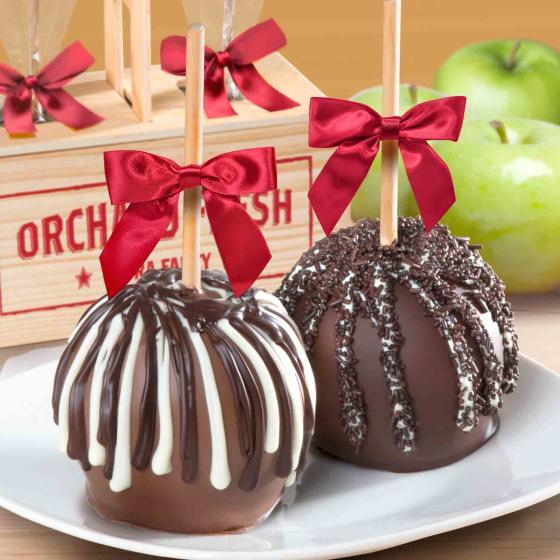 Milk and Dark Chocolate Covered Caramel Apples Pair in a Wooden Gift ...