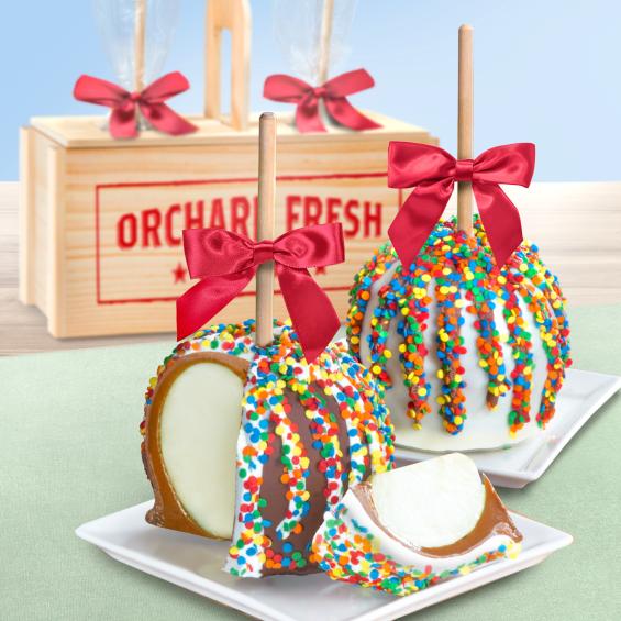 ACA1008, Happy Birthday Chocolate Covered Caramel Apples Pair in a Wooden Gift Crate
