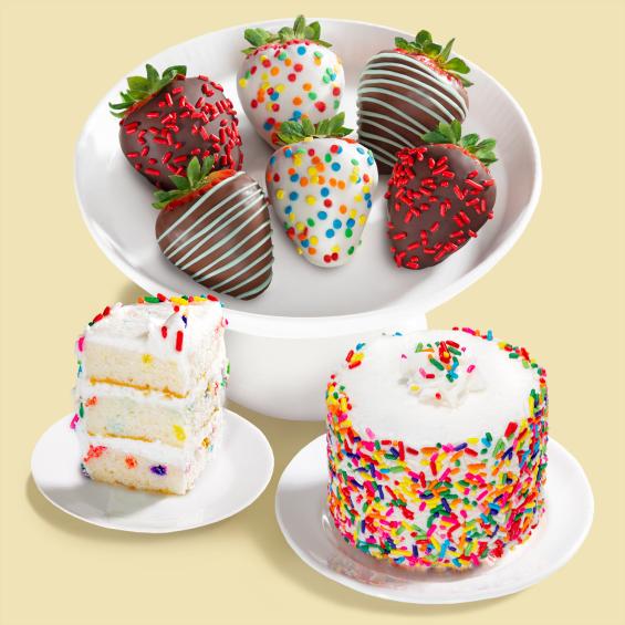 ACD1006-CK1000, Happy Birthday Dipped Strawberries with Petite Birthday Cake - 6ct