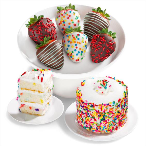 ACD1006-CK1000, Happy Birthday Dipped Strawberries with Petite Birthday Cake - 6ct
