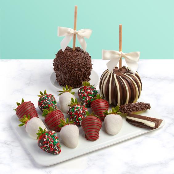 ACD2030-CA2000, 12 Christmas Dipped Berries with 2 Dark & White Dipped Caramel Apples