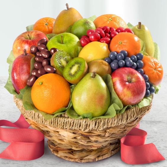 Fresh Fruit Basket and Chocolates in Keepsake Woven Bowl