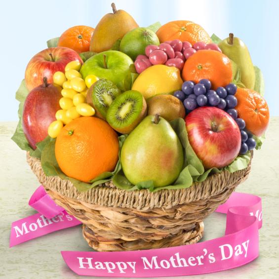 AA4070M, Mother's Day Fresh Fruit Basket and Chocolate Fruit Confections in Keepsake Woven Bowl