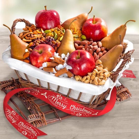 AA5037, Red & Russet Harvest Fruit & Snack Hamper with Merry Christmas Ribbon