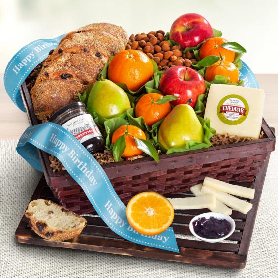 AA7020B, Happy Birthday Fresh Fruit, Cheese & Bread Gift Basket