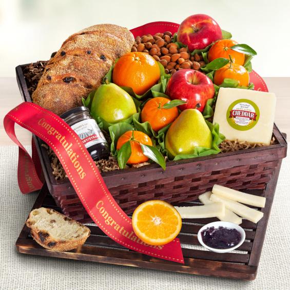 AA7020C, Congratulations Market Fresh Fruit, Cheese & Bread Gift Basket