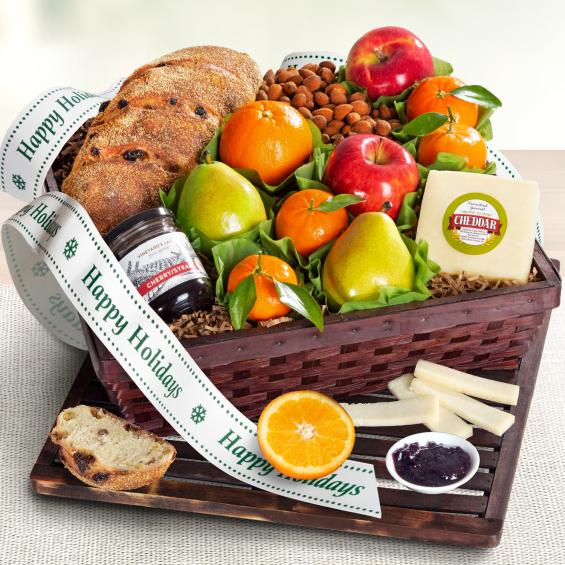 AA7020H, Happy Holidays Fresh Fruit, Cheese & Bread Gift Basket