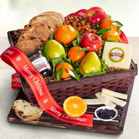 Merry Christmas Fresh Fruit, Cheese & Bread Gift Basket