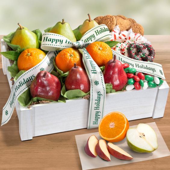 AC2085H, Happy Holidays Winter Wonderland Fruit & Treats Gift Basket Crate