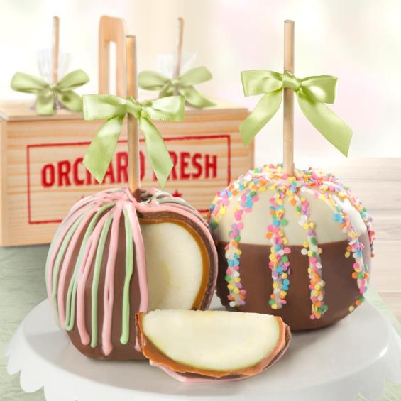 ACA1017, Sweet Celebration Chocolate Covered Caramel Apples Pair in a Wooden Gift Crate