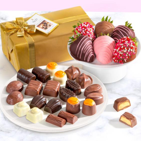 ACD1001-PRALINE, 6 Chocolate Covered Love Berries and and Belgian Pralines Gift Box