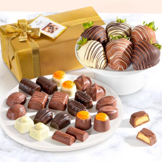 ACD1013-PRALINE, 6 Chocolate Covered Strawberries and Belgian Pralines Gift Box