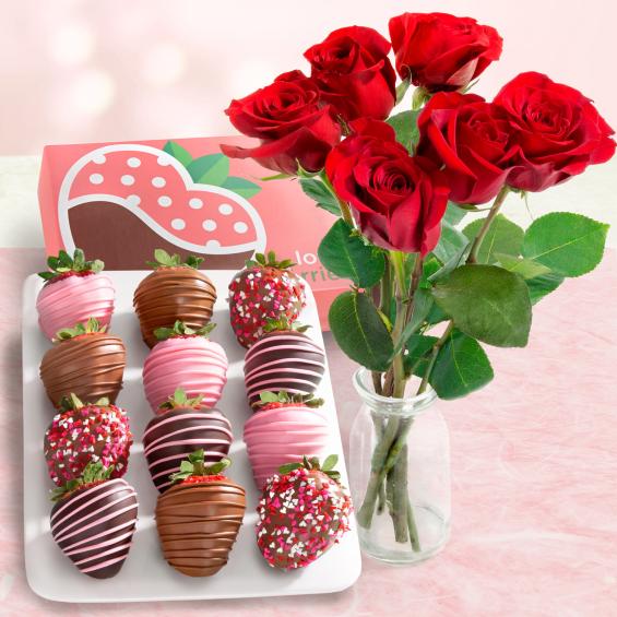 ACD2001-ROSES, 12 Chocolate Dipped Valentine Love Strawberries & 6 Fresh Red Roses