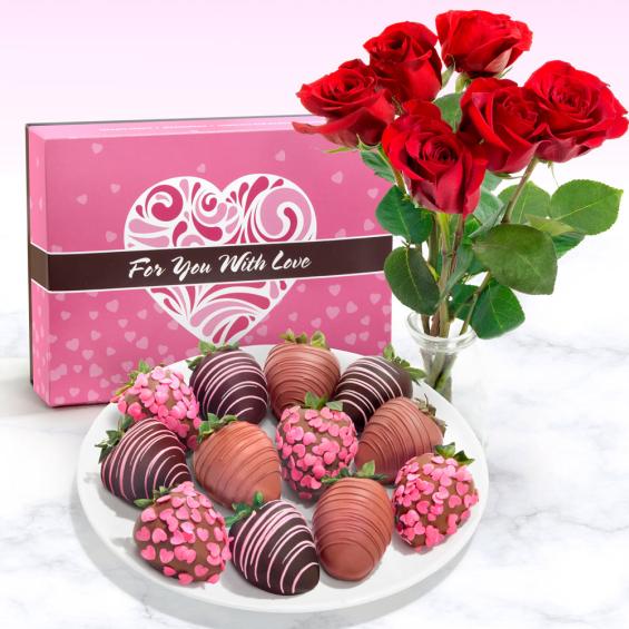 ACD2015-ROSES, 12 Belgian Chocolate Dipped Love Strawberries and 6 Fresh Red Roses