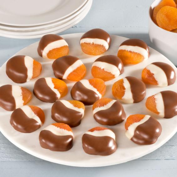 ACM1000, 18 Chocolate Covered Dried Apricots Double Dipped
in White Chocolate and Milk Chocolate