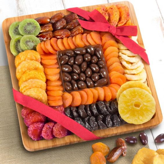 AP8065, Dried Fruit and Chocolate Nuts on Bamboo Cutting Board Serving Tray