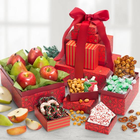 AT0250, Festive Holiday Favorites Fruit and Sweets 5 Box Tower