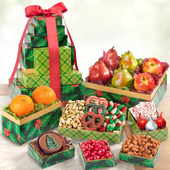 AT0255, Holly Jolly Best Deluxe Fruit and Treats Holiday Tower