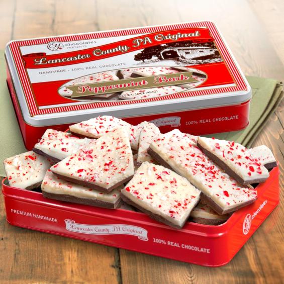 CY2100U, Handmade Layered Dark and White Chocolate Peppermint Bark in Signature Gift Tin