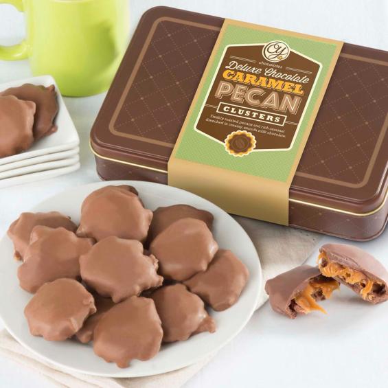 CY2300I, Chocolate Caramel Pecan Clusters in Gift Tin