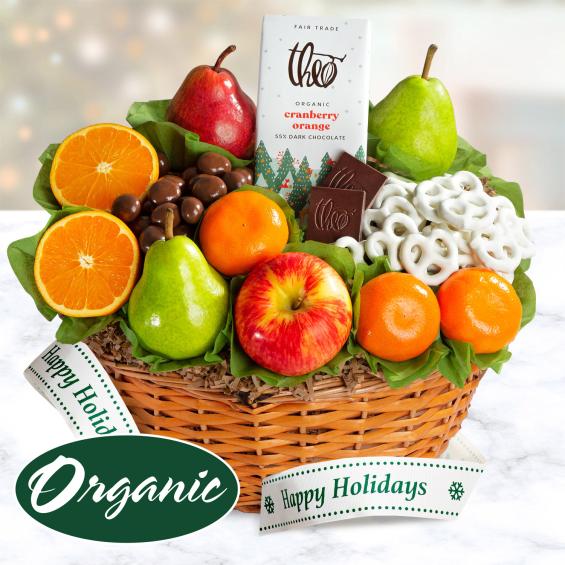 RA4012H, Happy Holidays Organic Fruit and Sweets Gift Basket