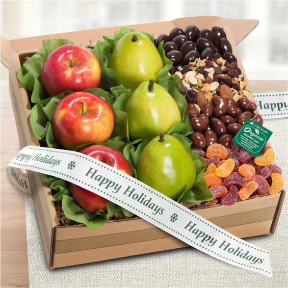 RB1009H, Happy Holidays Organic Fresh Fruit, Sweets & Treats Gift Box