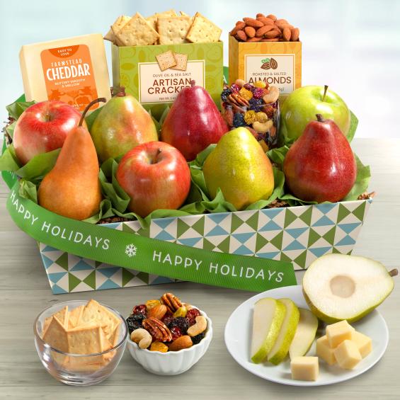 AP8019H, Happy Holidays Cheese and Nuts Classic Fruit Basket