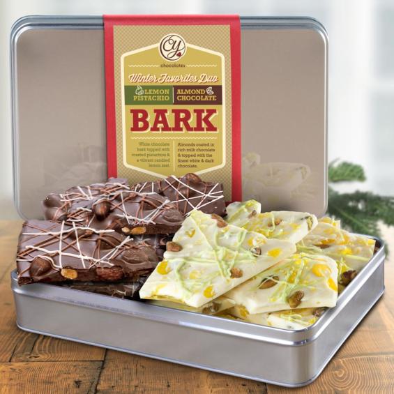 CY2305, DO NOT MAKE LIVE Dark Chocolate Almond Bark & White Chocolate Lemon Pistachio Bark in Keepsake Tin