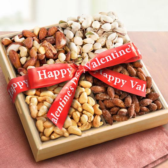 AP8012V, Savory Favorites Assorted Nuts Tray with Valentines Day Ribbon