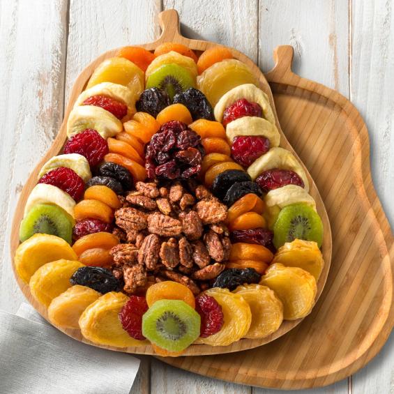 AP8030, Festive Dried Fruit and Butter Toffee Pecans on Bamboo Pear Shaped Cutting Board