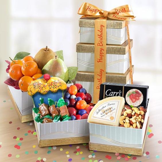 AT0017B, Happy Birthday Fruit, Treats and Cheese Tower