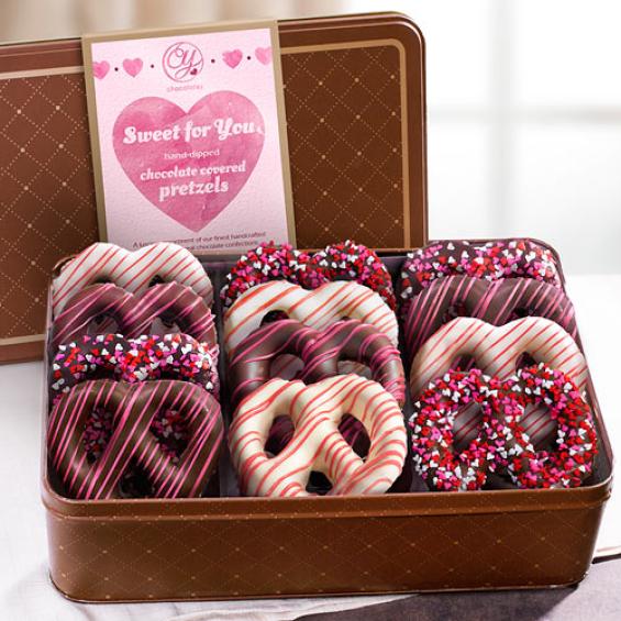 CY2240V, Valentine Hand-Dipped Chocolate Covered Pretzels in Gift Tin