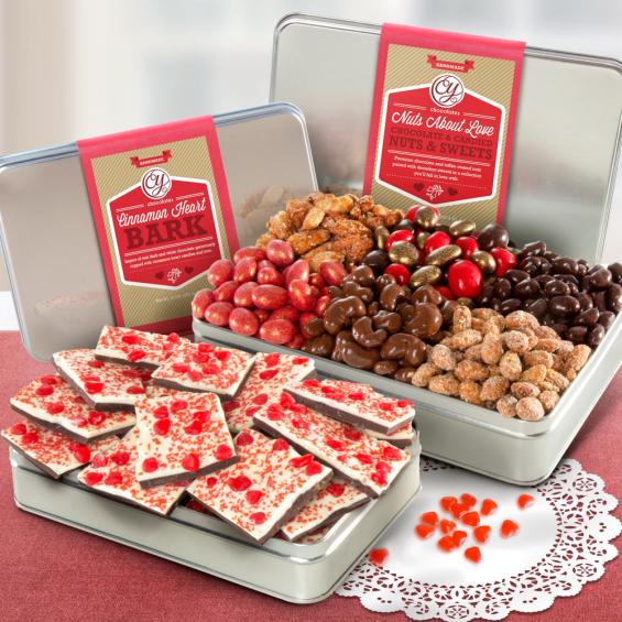 CY4650V, Valentine Gift Tin Pair - Handmade Chocolate Bark with Sweet Nuts and Premium Candies